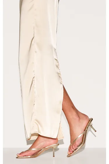 Gold Pu Square Toe Thong Mid Stiletto Heeled Mules