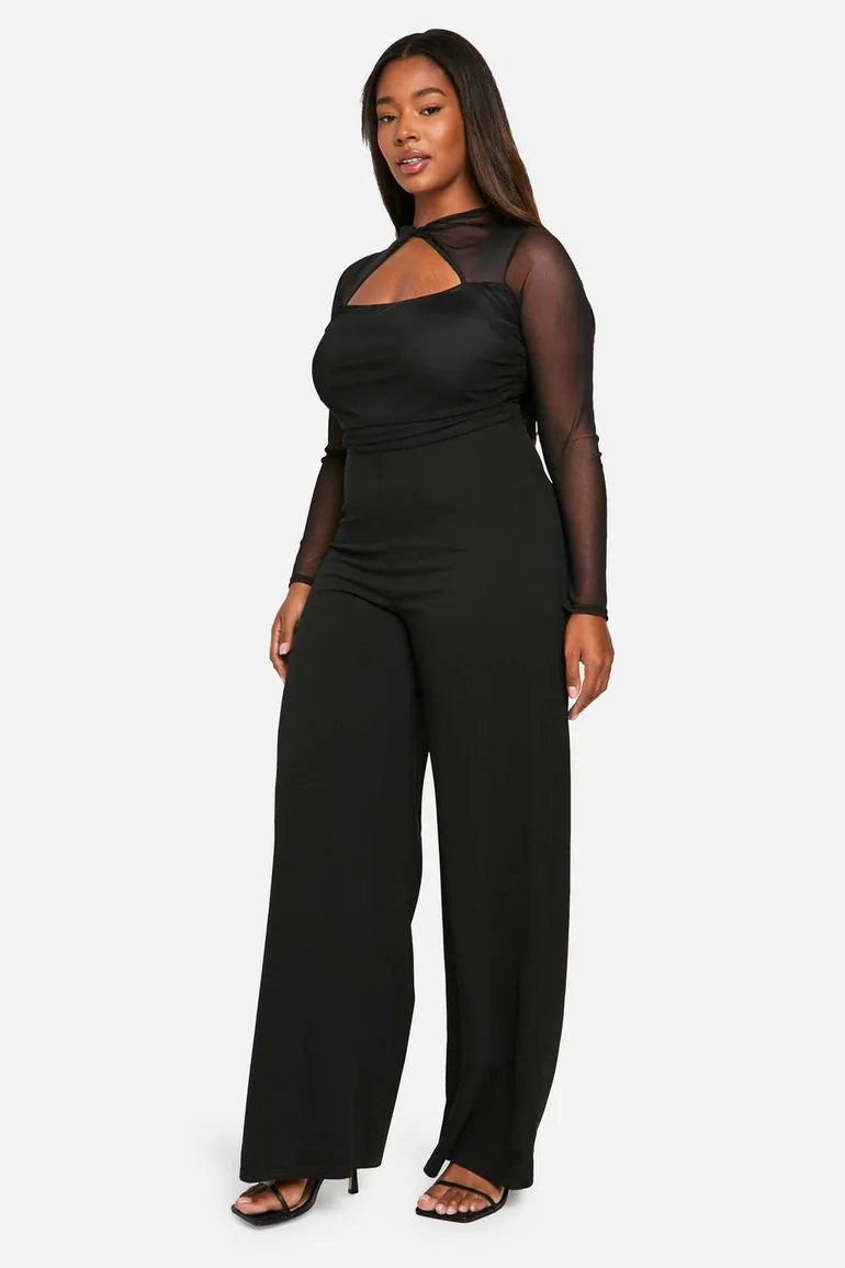 Plus Mesh Twist  Detail Wide Leg Jumpsuit - 2