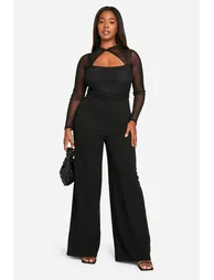 Plus Mesh Twist  Detail Wide Leg Jumpsuit