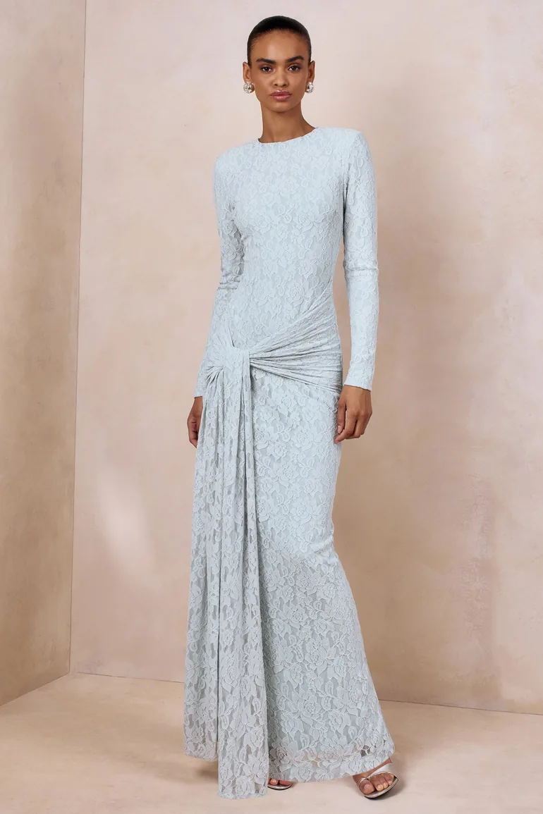 Evangela | Powder Blue Lace Crew-Neck Maxi Dress With Wrap-Detail - 3