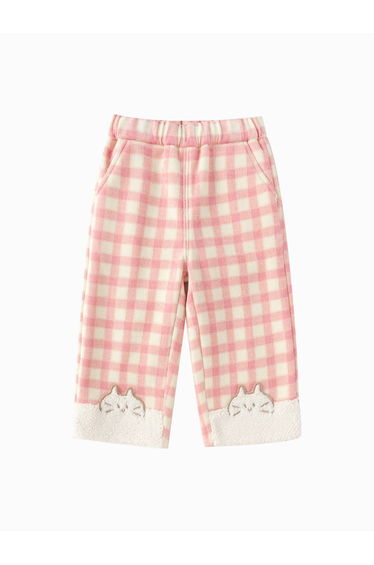 Girls' Checked Fleece Pants with Cat Patch Hem