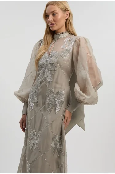 Crystal Embellished Organdie Balloon Sleeve Dress