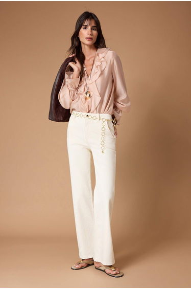 Ecru Chain Belt Detailed High Waist Less Stretchy Wide Leg Jeans