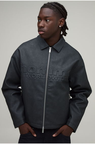 Boxy Fit Embossed Homme PU Harrington Jacket - black