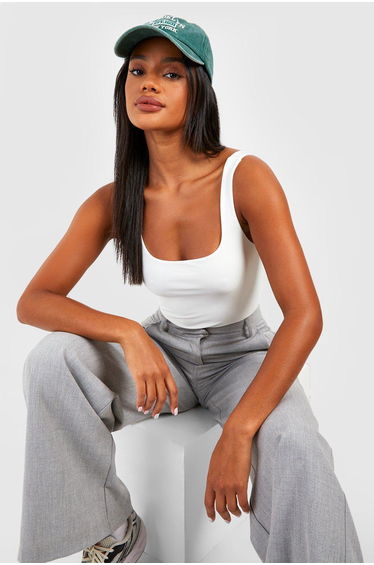Square Neck Double Layer Bodysuit - white