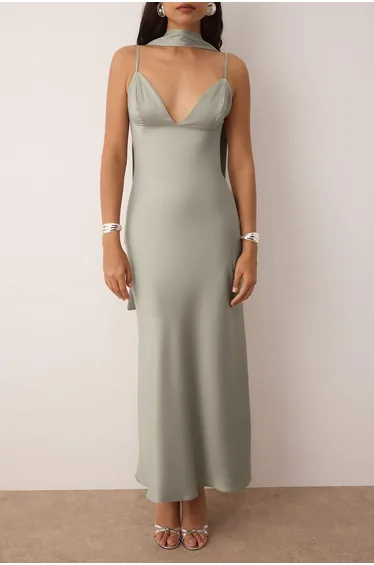 Gray Shawl Detailed Satin Woven Maxi Evening Night Graduation Dress