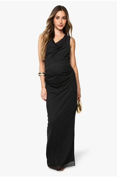 Maternity mesh cowl ruched maxi dress - black