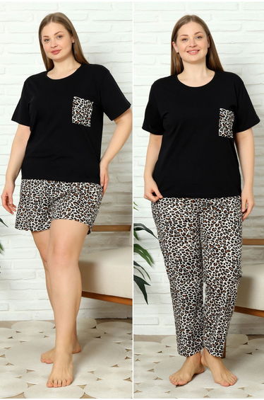 Multicolored Leopard Patterned 3-Piece Knitted Pajama Set