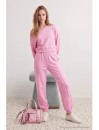 Pink Relaxed/Casual Fit Asymmetric Collar Elastic Cuffed Thick Knitted Tracksuit Set - 4