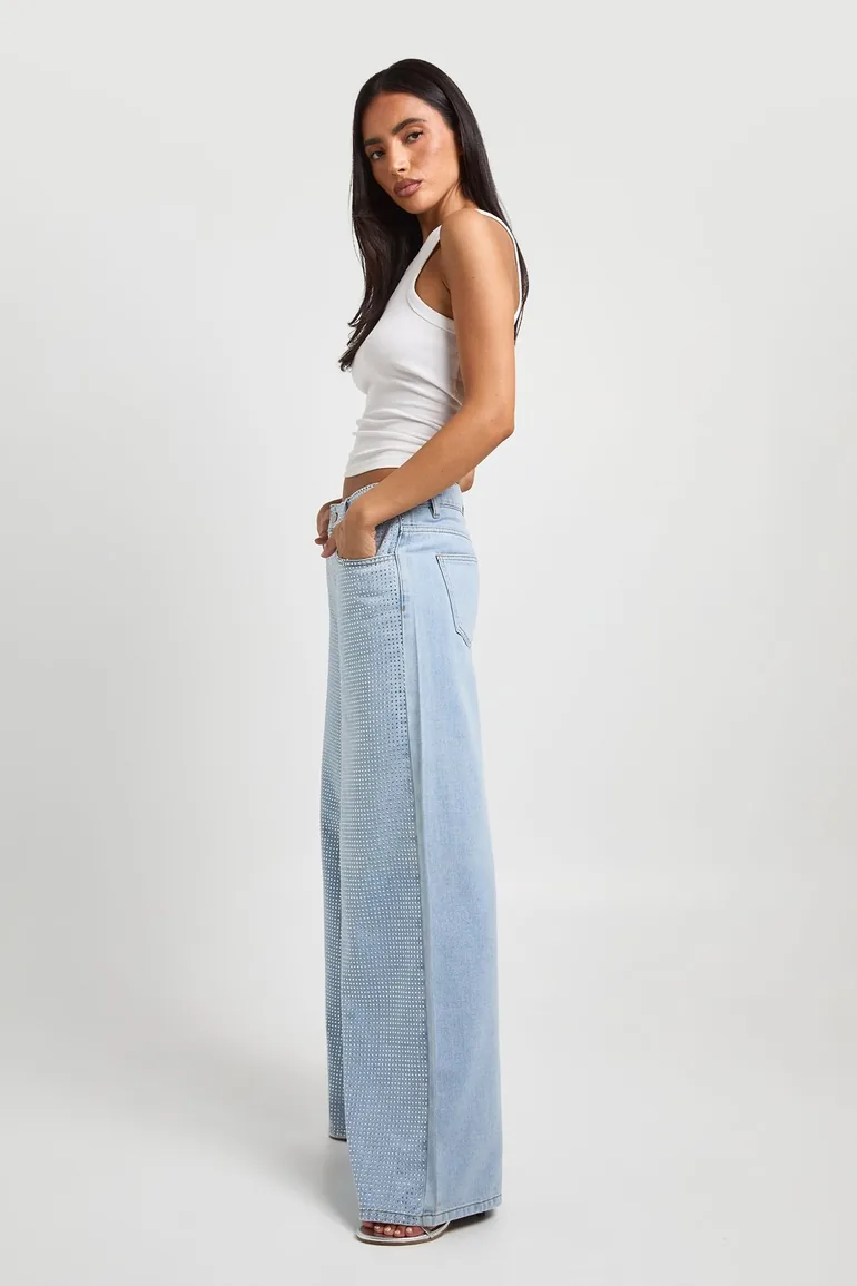 Embellished High Waist Wide Leg Jean - bleached blue - 3