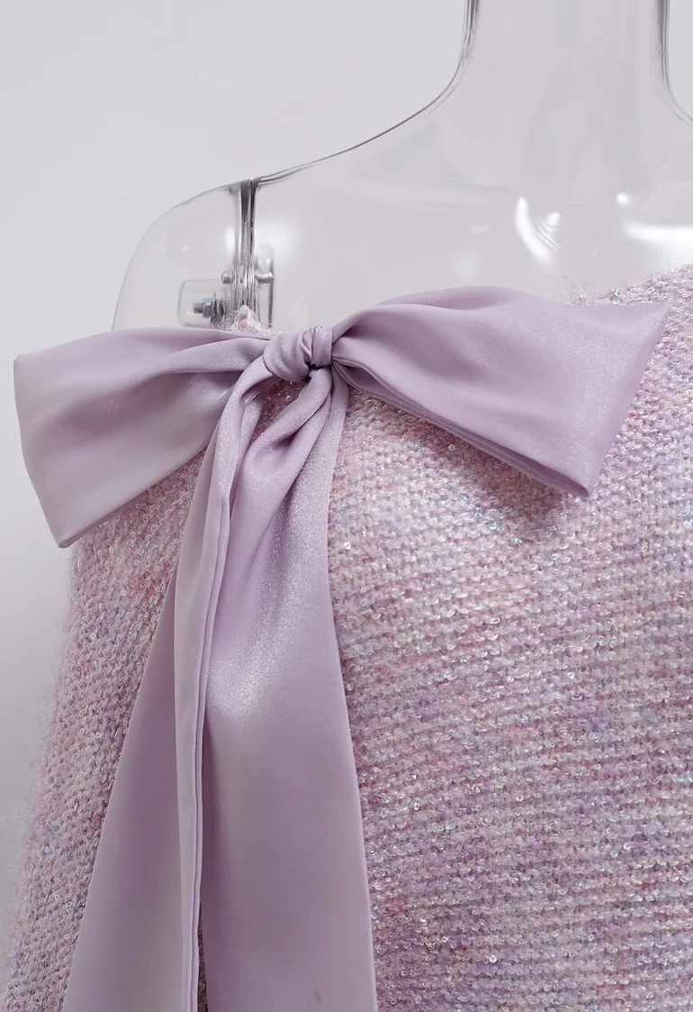 Organza Bowknot Sequin Embellished Fuzzy Knit Sweater in Lilac - 5