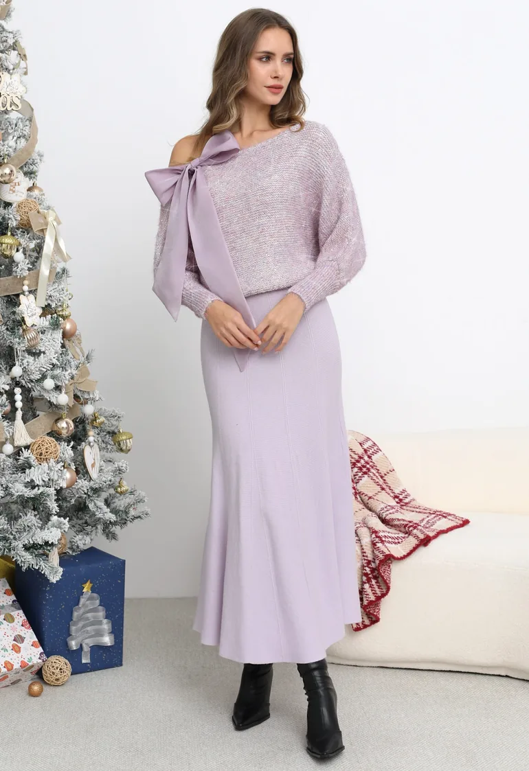 Organza Bowknot Sequin Embellished Fuzzy Knit Sweater in Lilac - 4