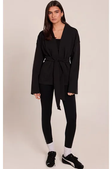 Black Interlock Tie Waist Yoga Jacket
