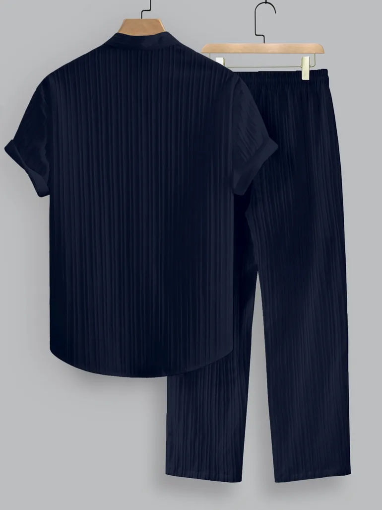 Striped Stand Collar Short Sleeve Shirt and Trousers Co-Ords - 1