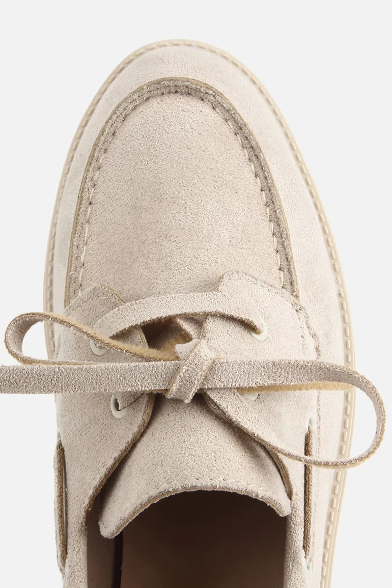 Women's Beige Suede Lace-Up Thick Sole Loafers - 4