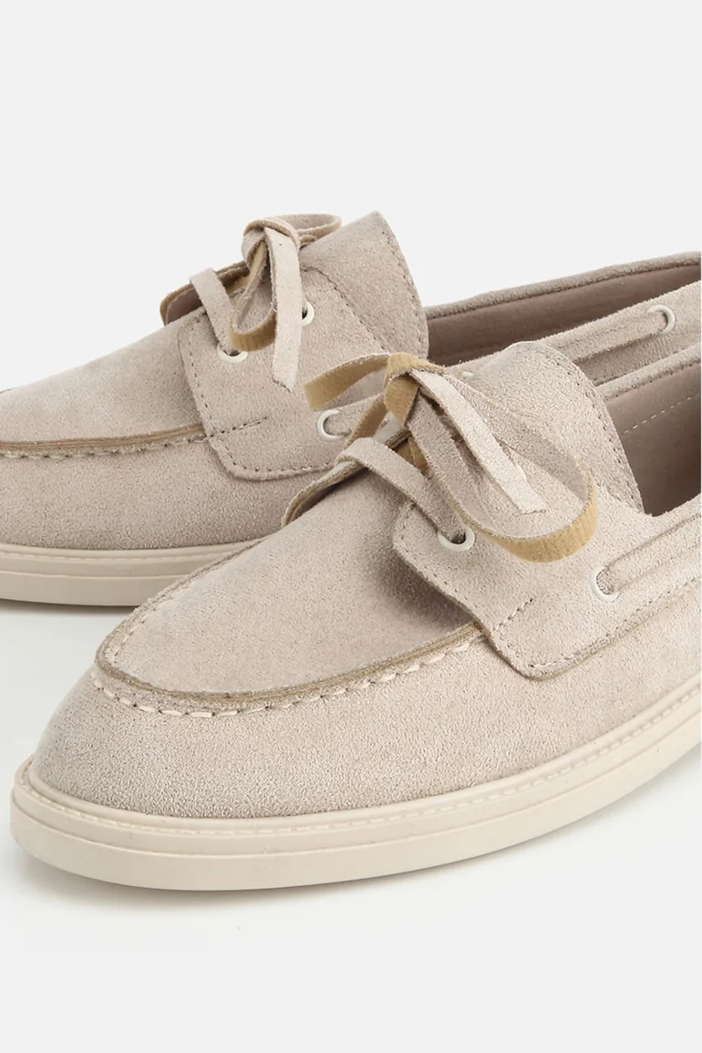 Women's Beige Suede Lace-Up Thick Sole Loafers - 2