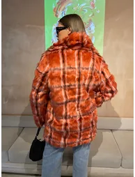 Glamorous Curve Red Check Faux Fur Coat with Lapel Collar - 3