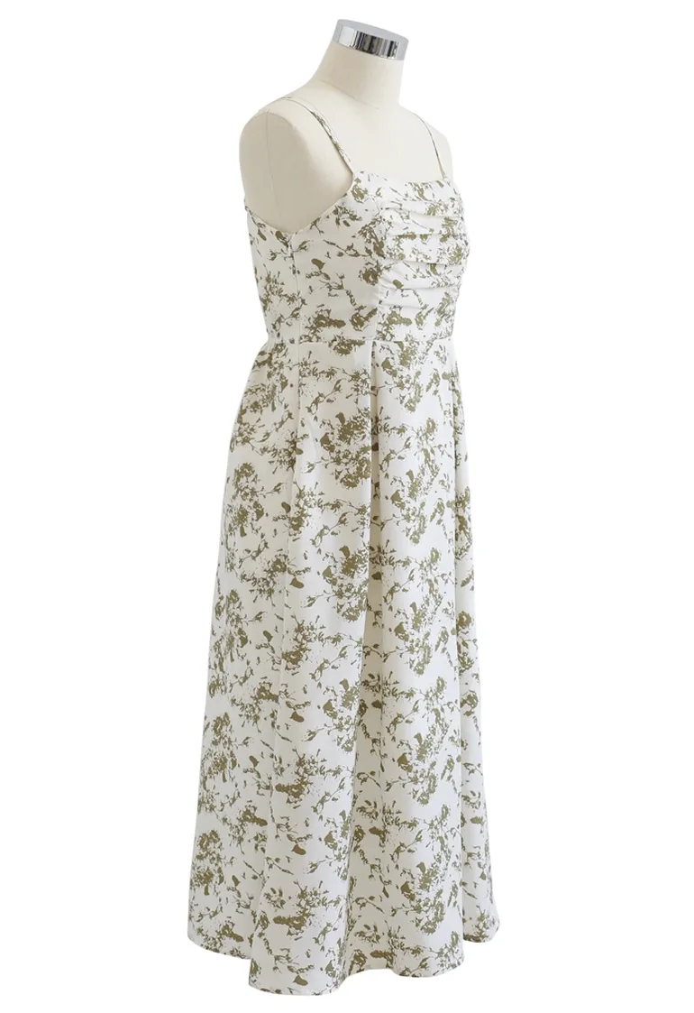 Ruched Bust Pleated Print Cami Dress in Ivory - 3