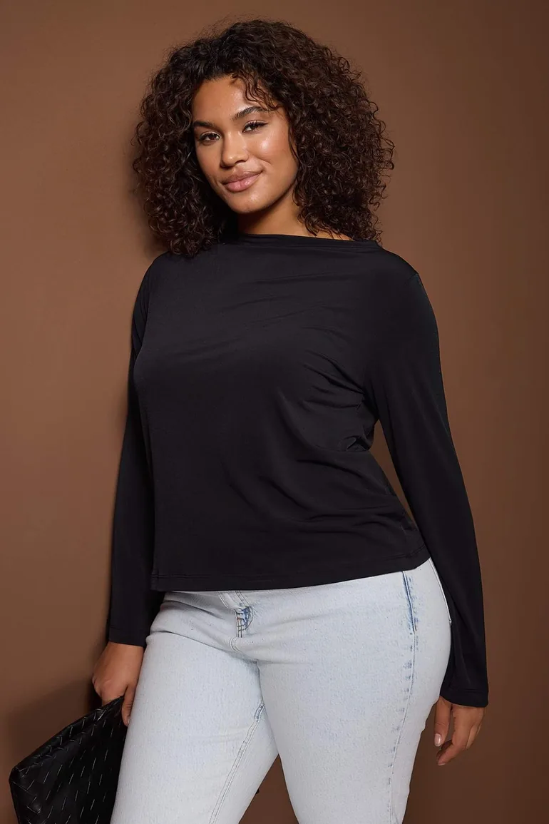 Black relaxed fit spanish sleeve stretch knit blouse - 1