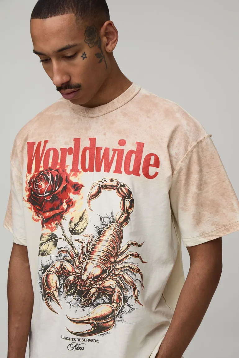 Ecru Oversized Exposed Seam Scorpion Graphic Spray Wash T-Shirt - ecru - 2
