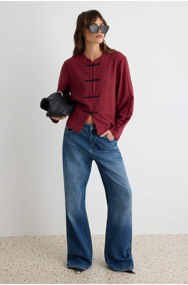 Burgundy Chinese Closure Detailed Linen Look Shirt Jacket product thumbnail 2