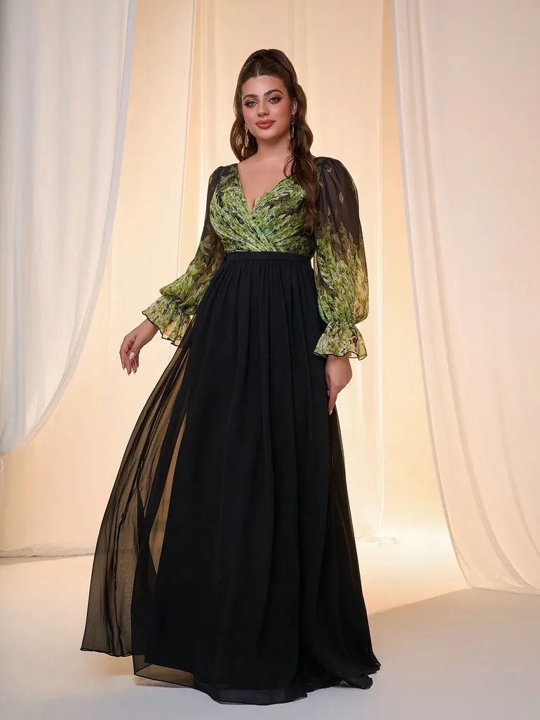 Leely Plus Women's Elegant V Neck Bishop Sleeve Party Dresses - 4