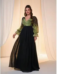 Leely Plus Women's Elegant V Neck Bishop Sleeve Party Dresses - 4