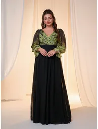 Leely Plus Women's Elegant V Neck Bishop Sleeve Party Dresses