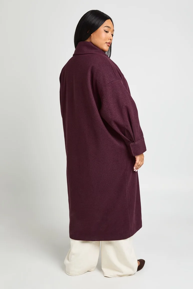 Plus Longline Collared Wool Look Coat - burgundy - 2