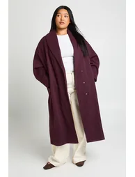 Plus Longline Collared Wool Look Coat - burgundy