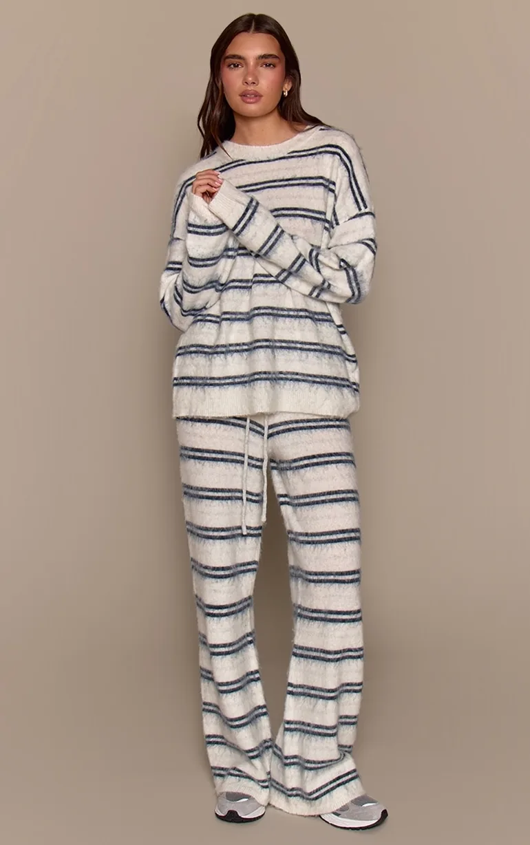 Light Blue Brushed Aurora Striped Wide Leg Trousers - 1