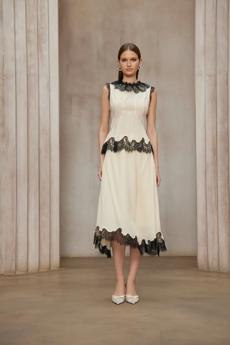 Zsófia Neutral Lace Panel Chiffon Top & Skirt Matching Set - 2