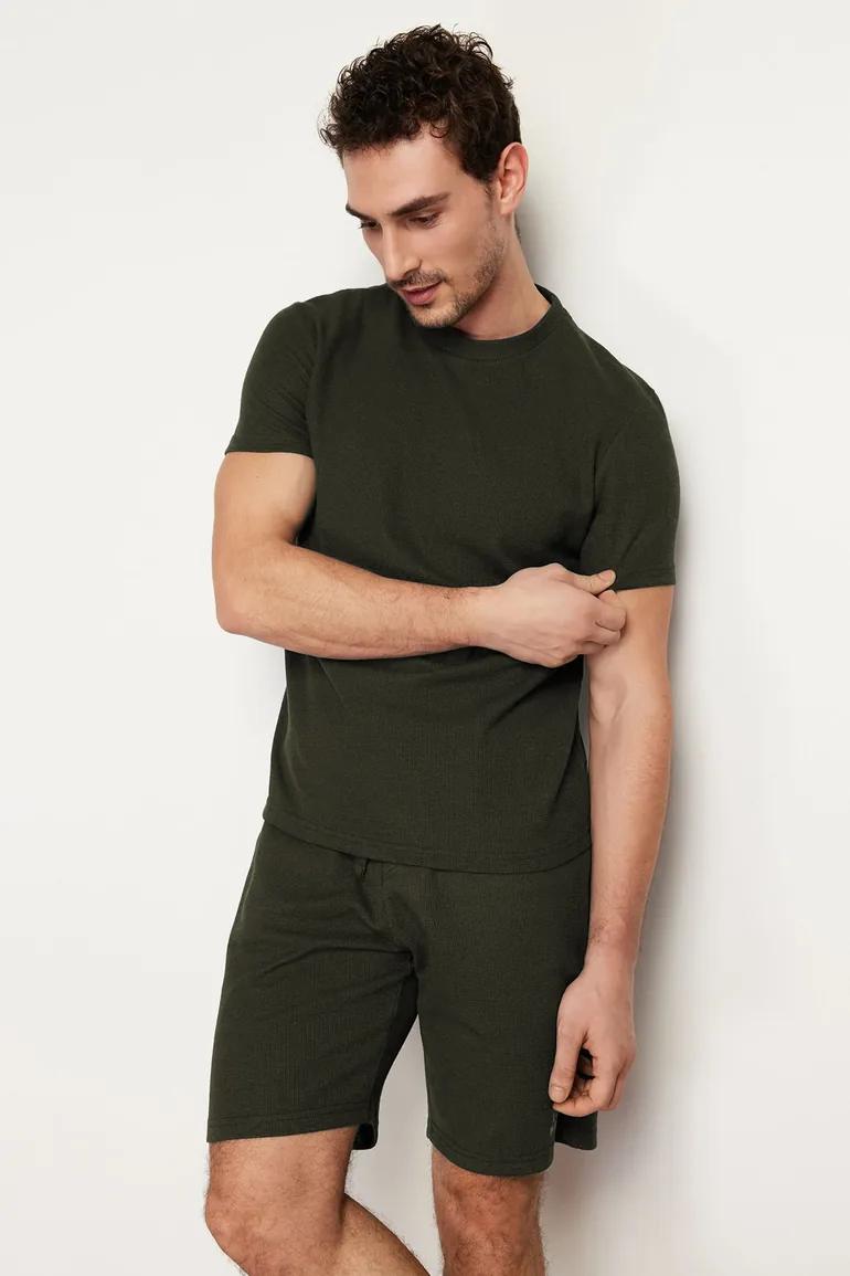 Khaki Regular Fit Waffle Knitted Shorts Pajama Set - 1