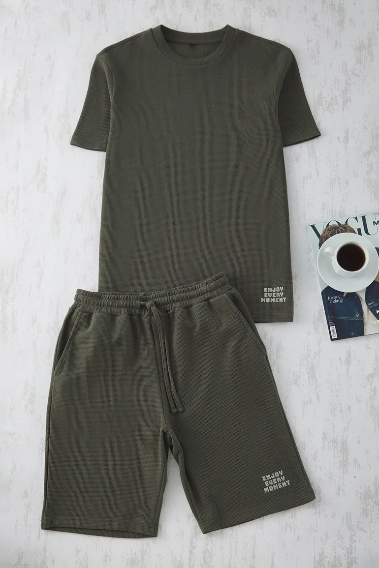 Khaki Regular Fit Waffle Knitted Shorts Pajama Set - 6