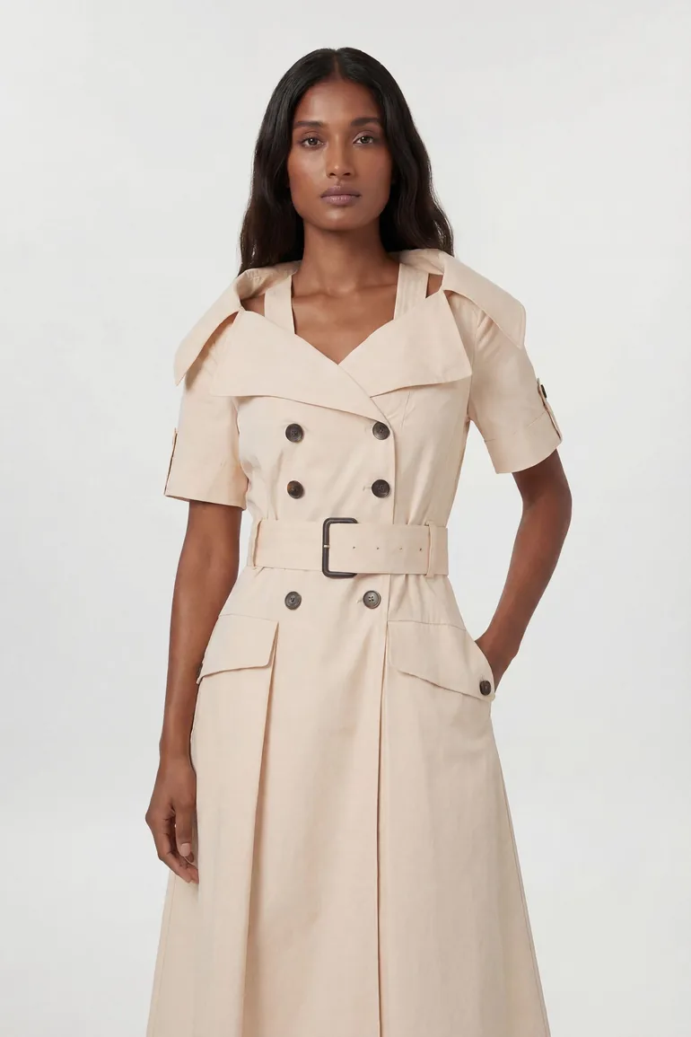 Tailored Cotton Trench Belted Full Skirted Midi Dress - 1