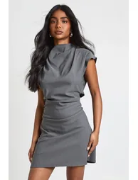 Pinstripe Ruched High Neck Cap Sleeve Shift Dress - charcoal