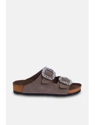 Double Buckle Slippers with Mink Stone Accessories - 4