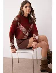 Brown Wide Cut Crop Diamond Patterned Knitwear Sweater - 1