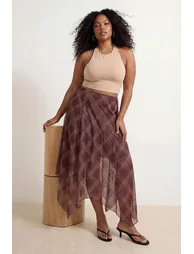 Brown Plaid Asymmetrical Lined Chiffon Crinkled Woven Asymmetrical Long Plus Size Skirt