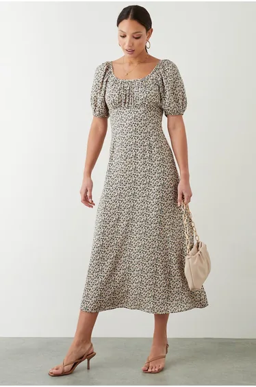Ditsy Floral Ruched Scoop Neck Midi Dress