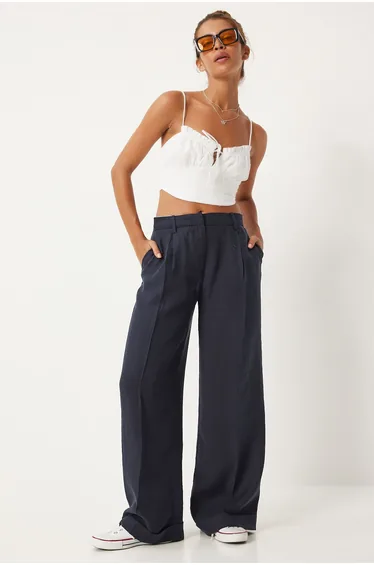 Women's Navy Blue Wide Leg Mid Waist Trousers