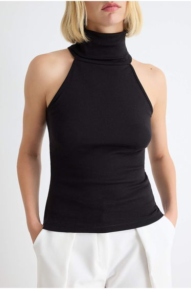 Black Plain Fitted/Tight-Fitting Turtleneck Sleeveless 100% Cotton Ribbed Knitted Blouse product thumbnail 3