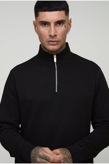 Tall Basic Regular Fit Quarter Zip Funnel Neck Sweatshirt - black product thumbnail 3
