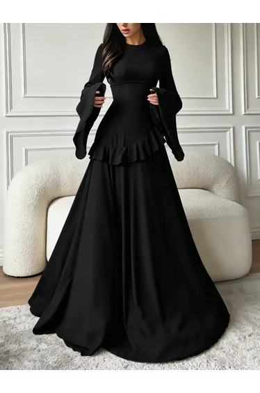 Black Ruffle Detail Bell Sleeves Maxi Dress