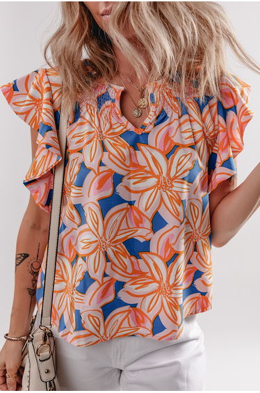 Lvness Orange Summer Flower Print Notched Neck Ruffle Sleeve Blouse product thumbnail 2