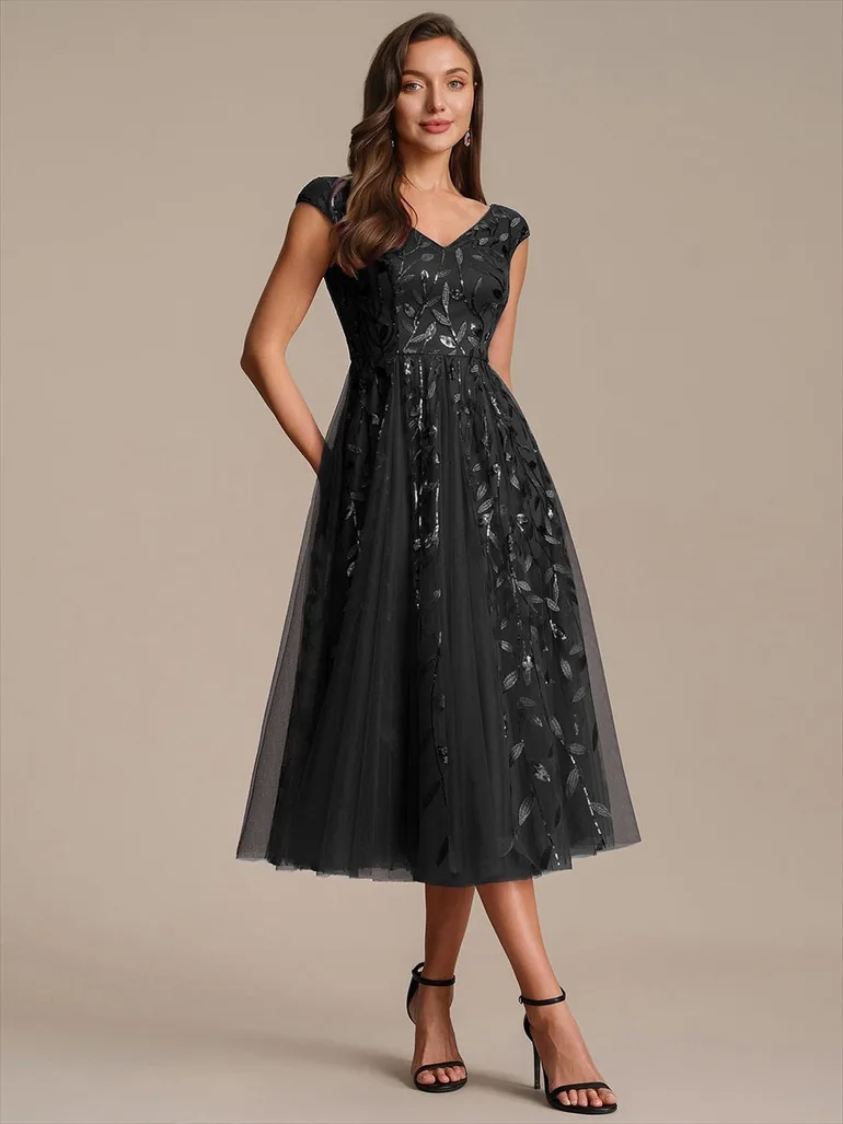 Sleeveless V-Neck Sequin A-Line Midi Wedding Guest Dress - 2