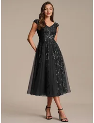 Sleeveless V-Neck Sequin A-Line Midi Wedding Guest Dress - 2