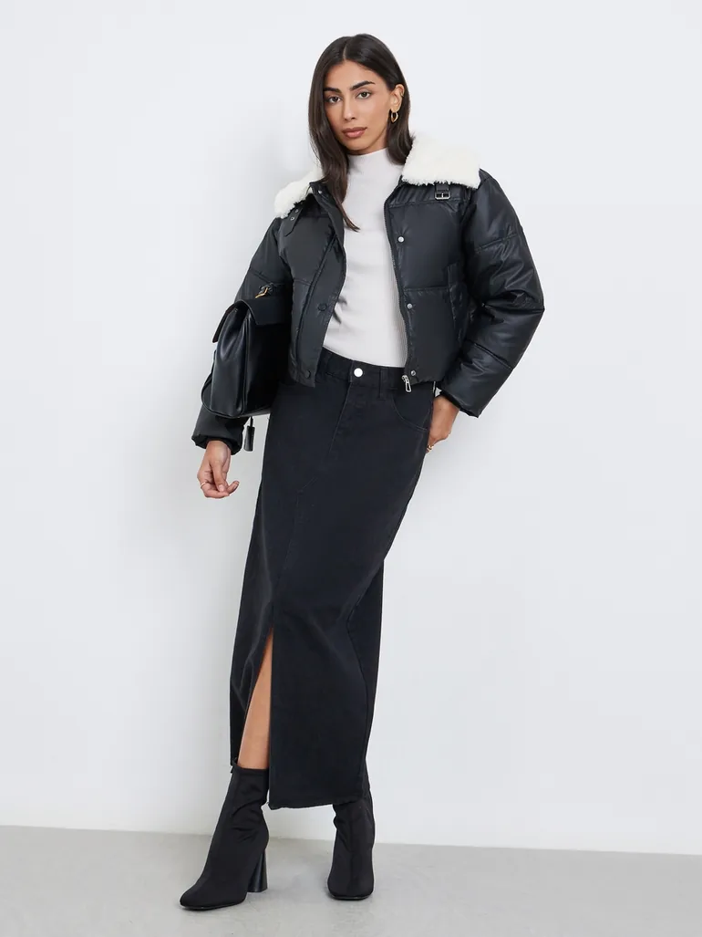 Black Crop Padded Jacket with Fur Trim - 1