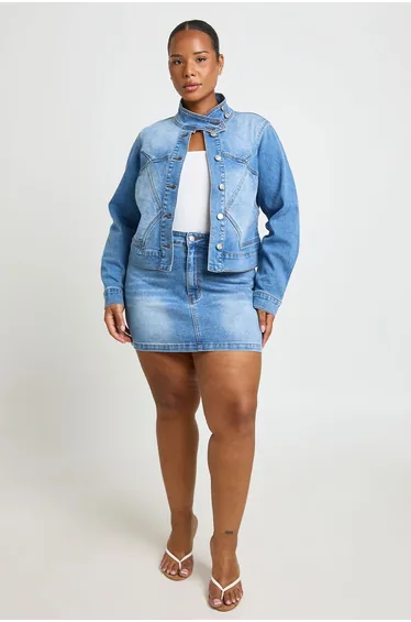 Plus Slim Fit Funnel Neck Seam Detail Denim Jacket - mid wash