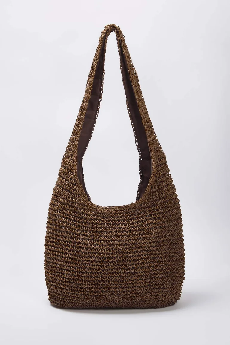 Brown Straw Hand Knitted Shoulder Bag - 1